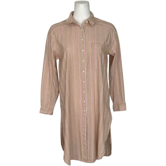Anthropologie Long Buttondown Tunic S Neutral Long Sleeve Stripe Embroidery Boho - Picture 1 of 13